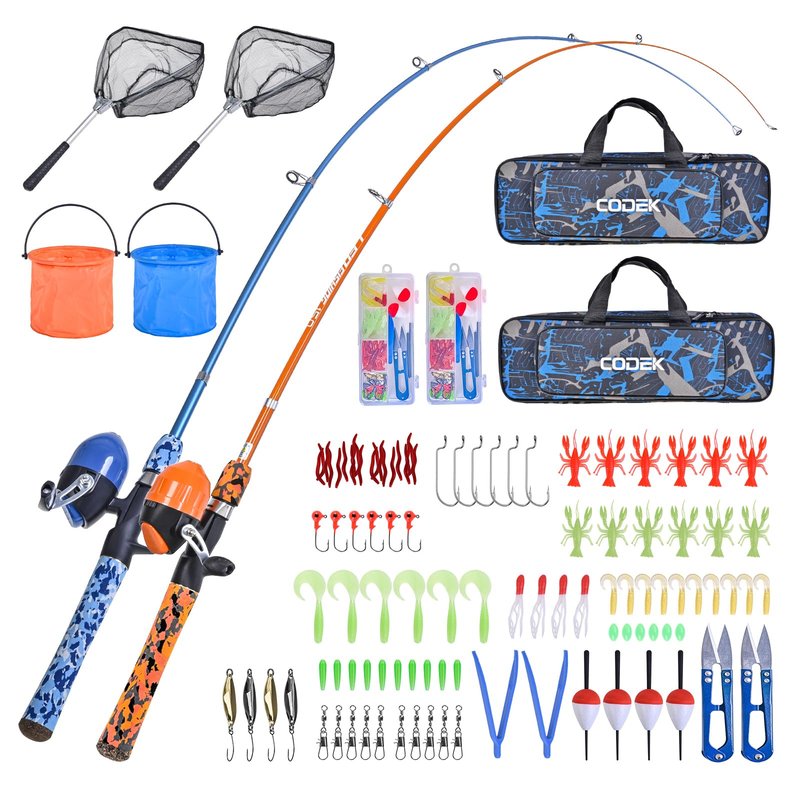 CODEK Kids Fishing Pole Set with Full Starter Kits 2 Set Portable Telescopic Fishing Rod and Reel Cambos for Boys Girls Toddler Youth Age Beginner Little Children Junior Anglers