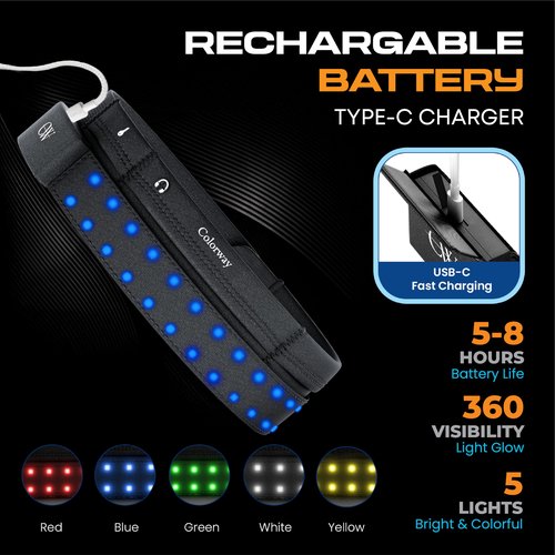 Colorway LED Running Belt - Reflective Running Gear with Removable Light Strip, 5 Bright Colors, USB Rechargeable, Adjustable Waist Pack, High Visibility, Night Safety Belts for Men and Women
