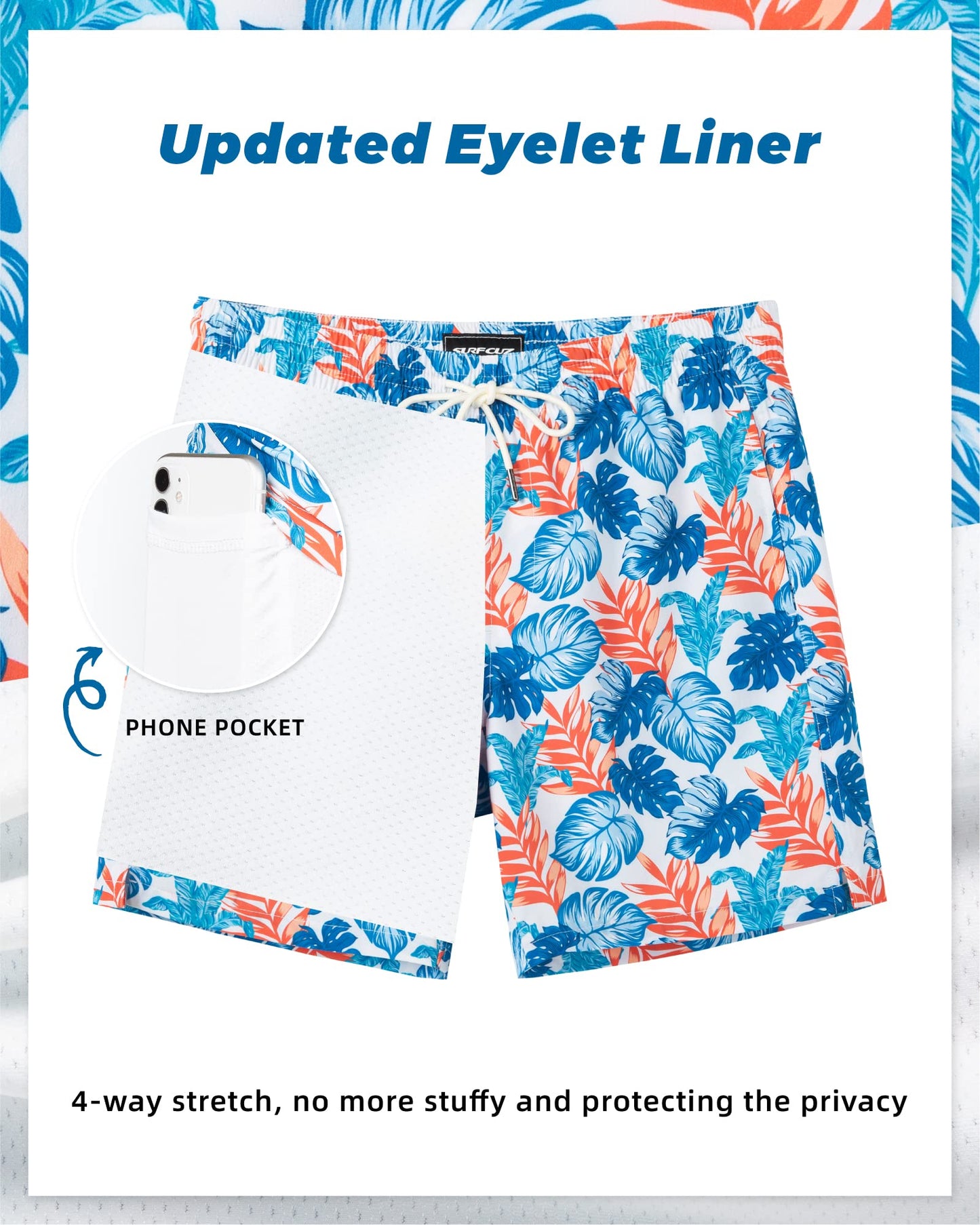 SURF CUZ Mens Swim Trunks with Compression Liner Quick Dry Swim Shorts 7" Swimming Trunks Stretch Zipper Pockets Multi-Colored Leaves Medium
