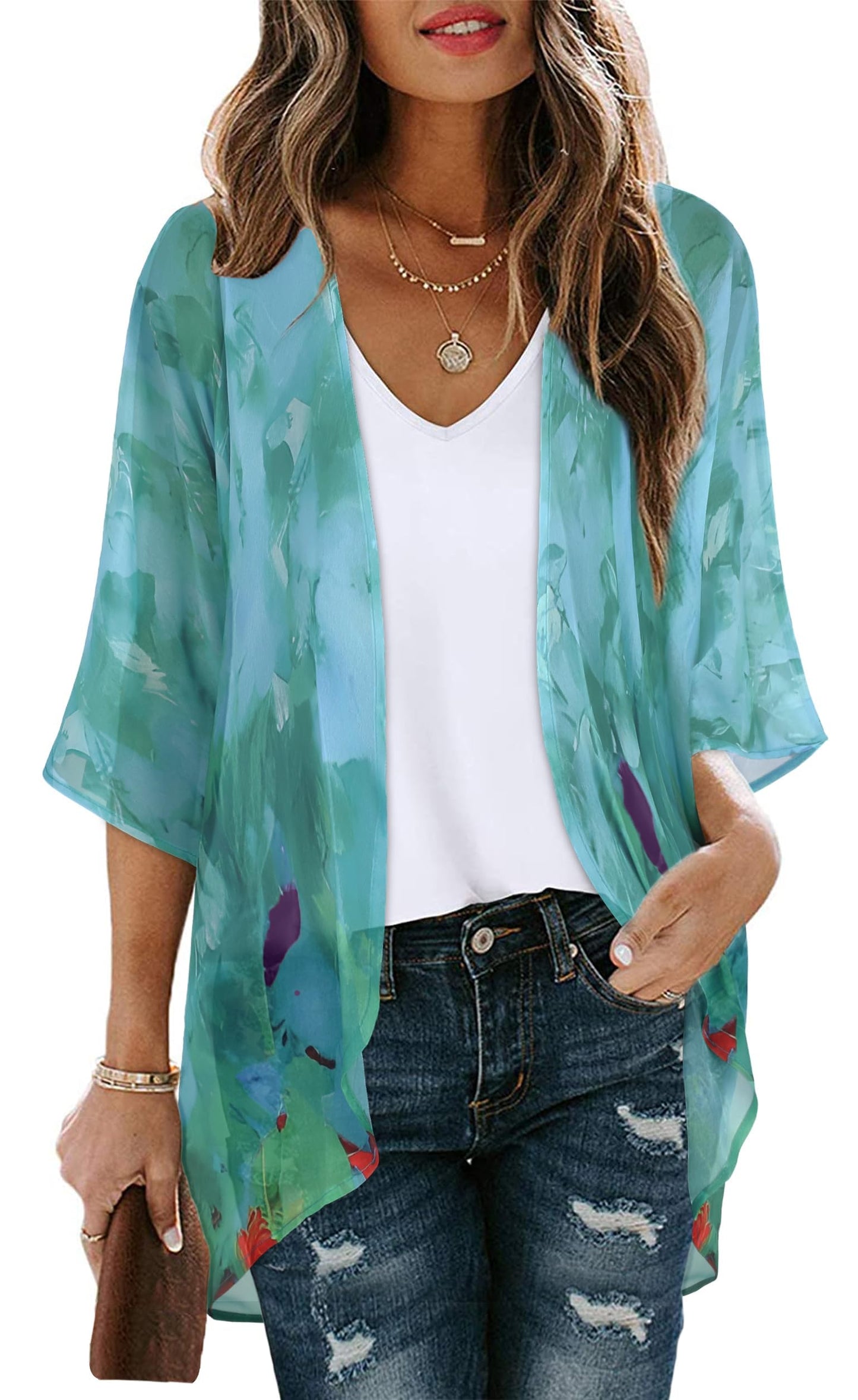 Womens Short Cardigans Casual Oversized Open Front Kimono Tops Bathings Suit Cover-ups (Teal Blue Print, 3XL)
