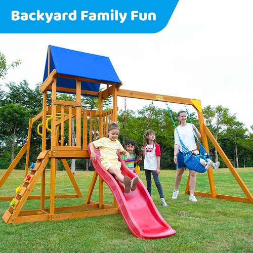 Suniboxi Swing-Sets with Monkey Bars for Backyard, Wooden Playground Set for Kids Ages 3-8, Outdoor Playset with Wave Slide, Play Deck, Rock Wall Ladder, Belt Swings & Canopy for Toddlers to Big Kids