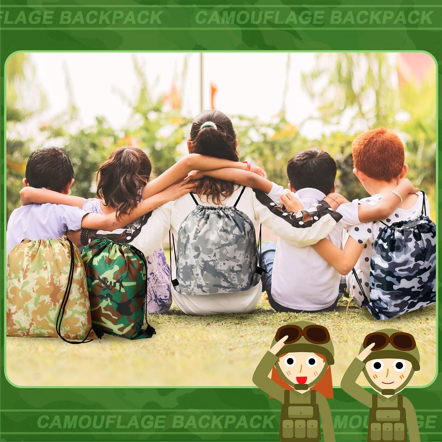 Frienda 14 Pieces Boy Camouflage Drawstring Bag Paintball Camping Birthday Party Supplies Goodie Camouflage Drawstring Travel Pouch Sacks Bags for Candy Party Favors