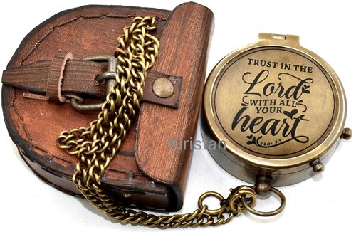 Antique Brass Compass Lord with All Your Heart | Engraved Pocket Chain Compass with Leather Case for Outdoor Hiking Traveling Use