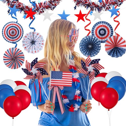 Threehoney 41 Pcs 4th of July Bike Decor Set for Kid Memorial Day Bicycle Patriotic Tinsel Garland Streamer Bow USA Flag Garland Ceil Fan Star Windmill Glasses Balloon for Parade Party Favor