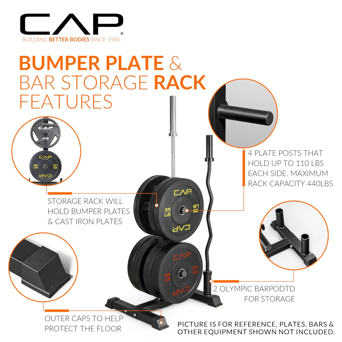CAP 160 lb Economy Olympic Bumper Plate Set with Compact Storage Rack, 2-Inch Olympic Plates, Medium Bounce Rubber Weight Plates with Steel Hub, 4 Weight Posts & 2 Barbell Holders for Weightlifting, Strength Training & Home Gym Workouts