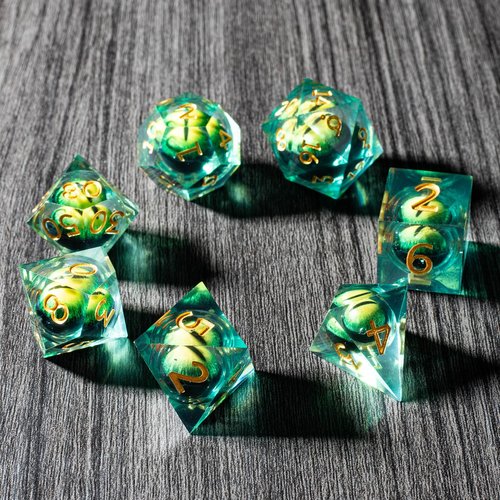 Premium Resin DND Dice Set - Liquid Core and Dragon Eyes - 7 Piece Sharp Edge RPG Game Accessories Including D4 D6 D8 D10 D% D12 D20 in Black Metal Box for Dungeon Masters and Starters