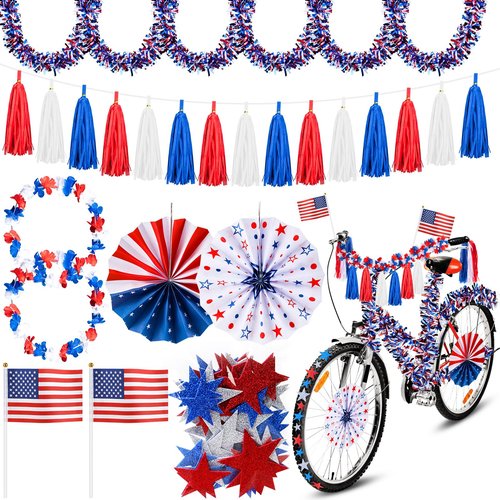 Simgoing 23 Pcs 4th of July Parade Patriotic Bike Decoration Kit Red White and Blue Bicycle Accessories Streamer Tassels Garland America Star Stickers for Independence Day Bike Parade Accessories