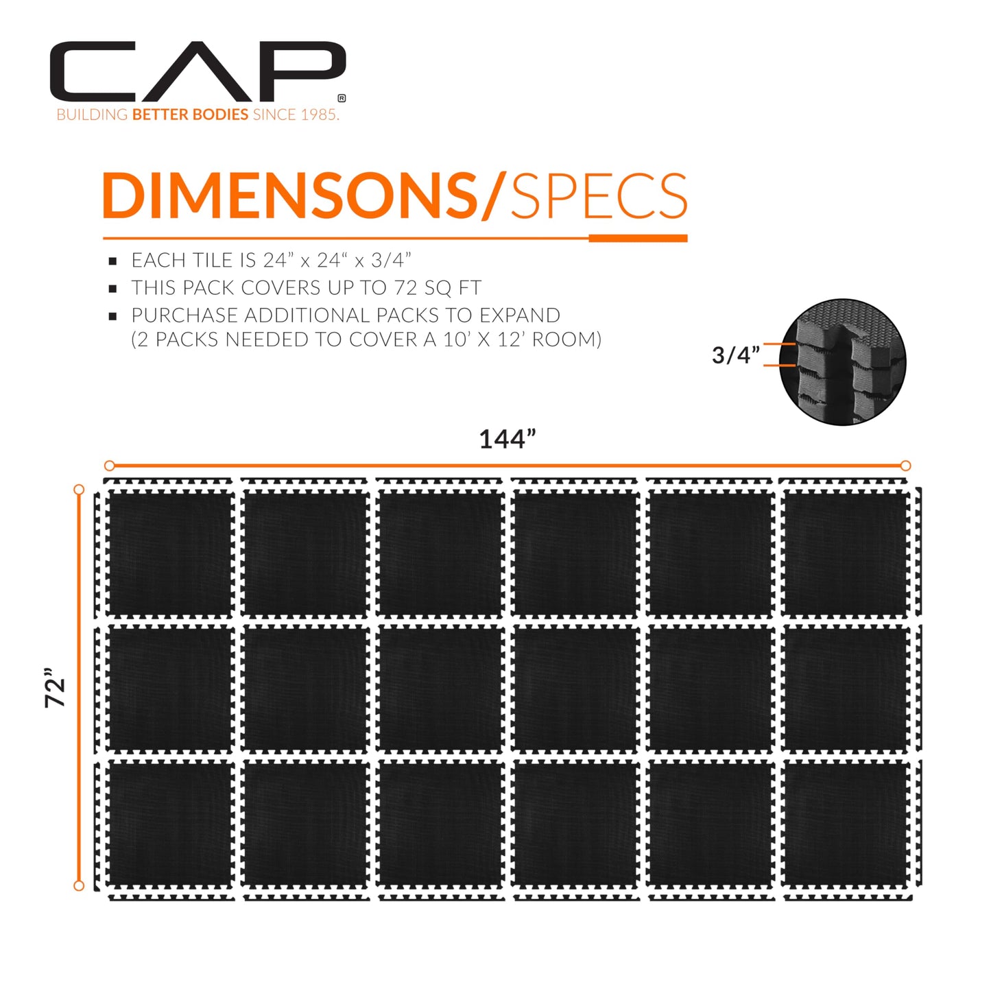 CAP Barbell 3/4-Inch Interlocking EVA Foam Exercise Puzzle Mat Home Gym Flooring - 3 Pack | 24" x 24" x 3/4" | T Pattern - Black