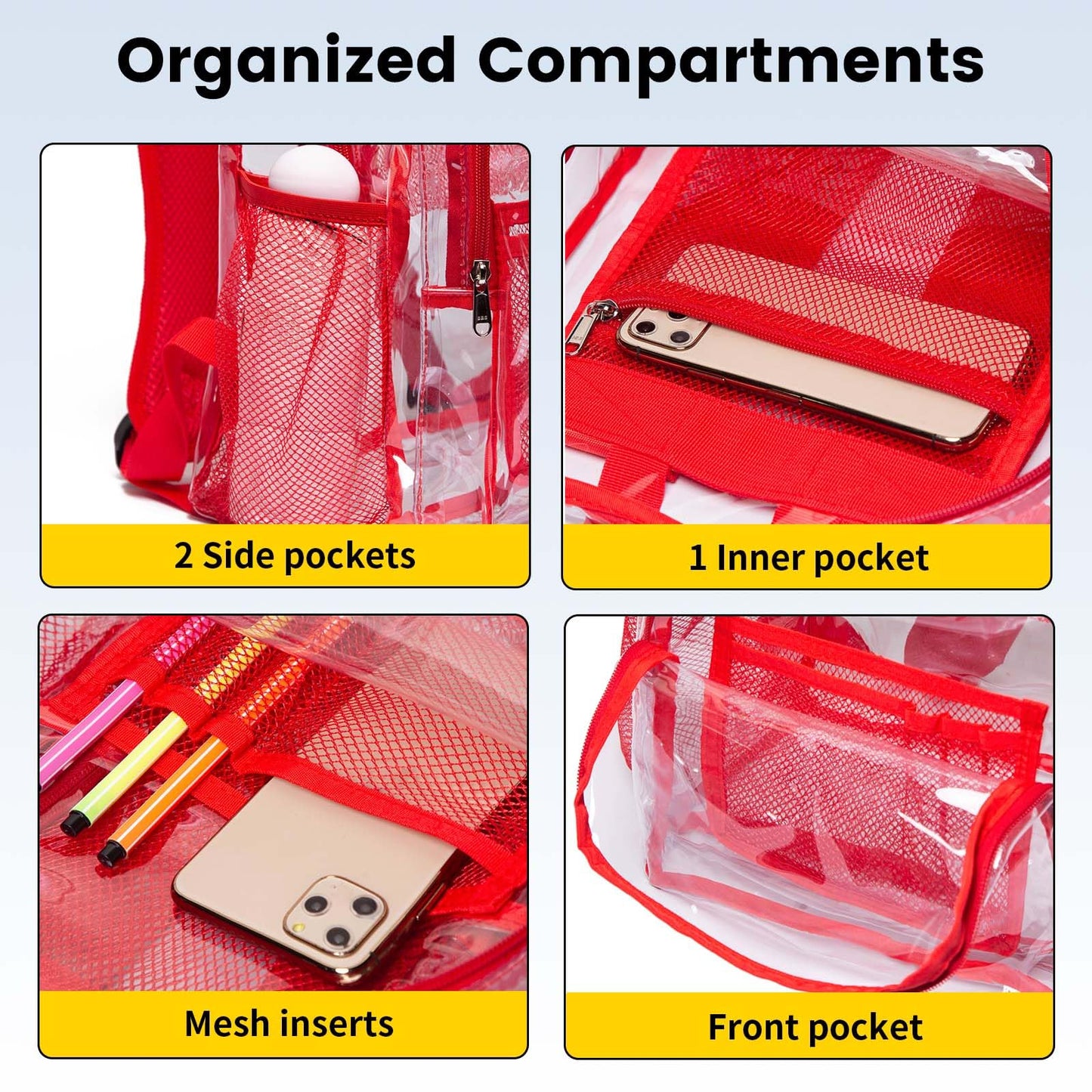 Vorspack Clear Backpack Heavy Duty PVC Transparent Backpack with Reinforced Strap Stitches & Large Capacity for College Workplace Security - Red