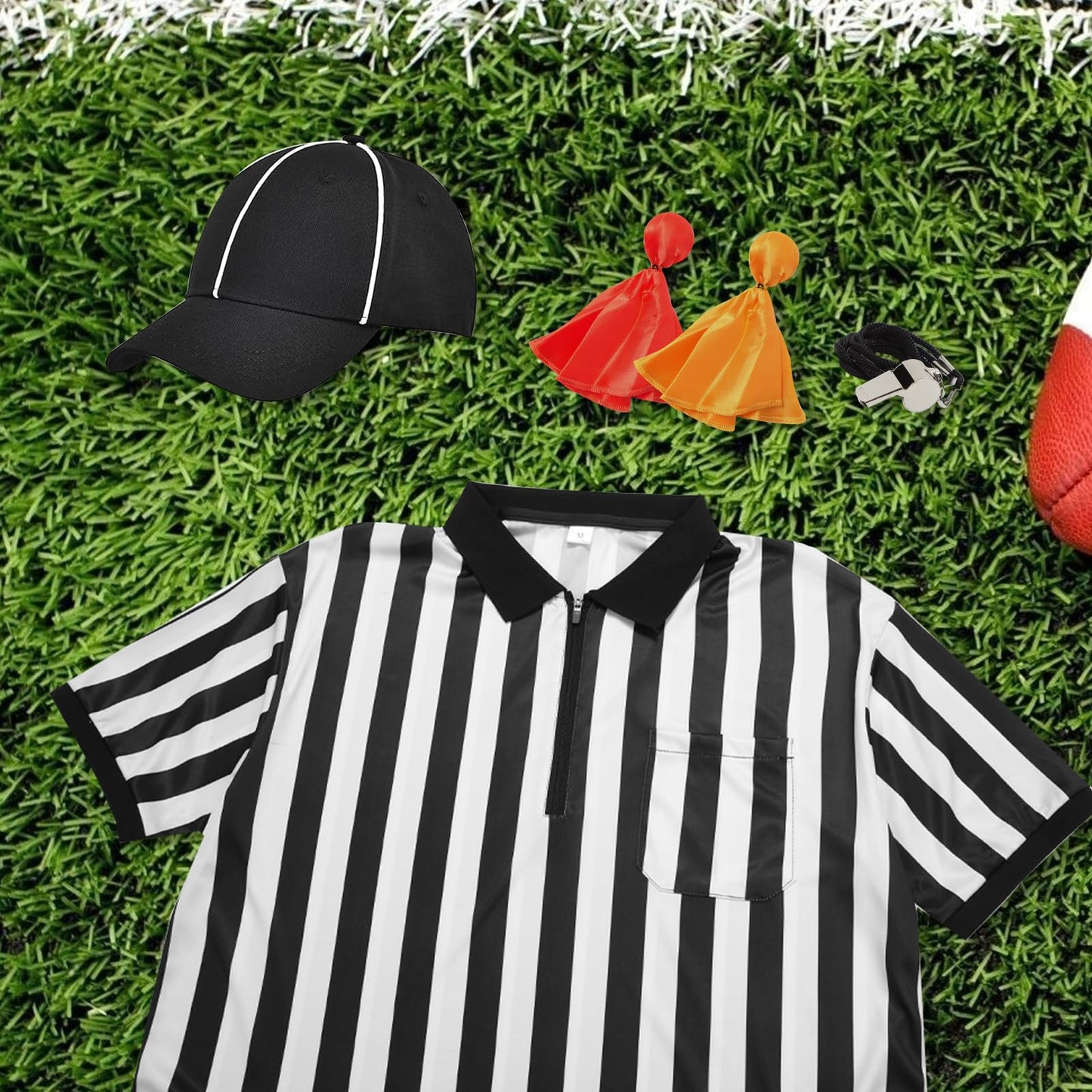 5 Pcs Men's Referee Costume Kit White and Black Stripe Referee Shirt Womens Official Referee Hat Stainless Whistle Yellow Red Penaltys Flag for Football Soccer Halloween L