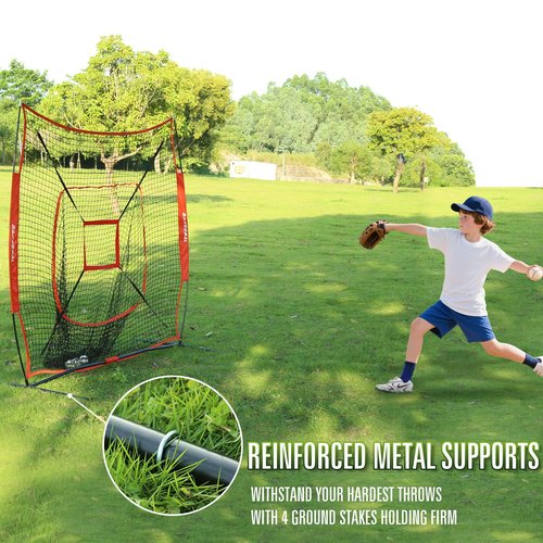 BaseGoal 7'×7' Baseball Softball Practice Net,Baseball Backstop,with Batting Tee,for Hitting Pitching Batting Catching with Bow Frame,Bonus Strike Zone (Red-A)