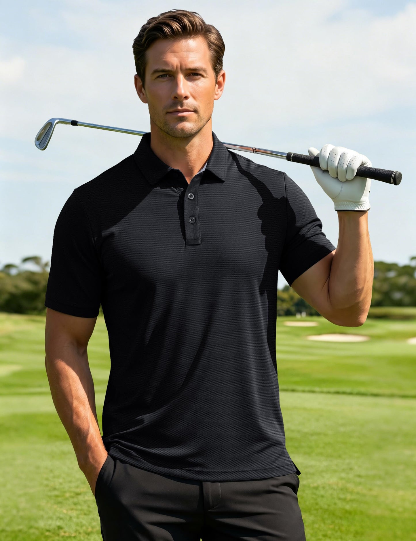 MAGCOMSEN Black Polo Shirts for Men Short Sleeve Performance Moisture Wicking Golf Polos Athletic Work Casual Plain Collared Shirt