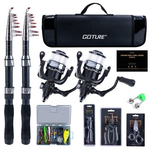 Goture Fishing Rod and Reel Combos-2PCS Telescopic Fishing Pole+2PCS Pre-Loaded Spinning Reels with Carrier Bag, Telescopic Rod Reel Lures Kit for Starter Travel Saltwater Freshwater