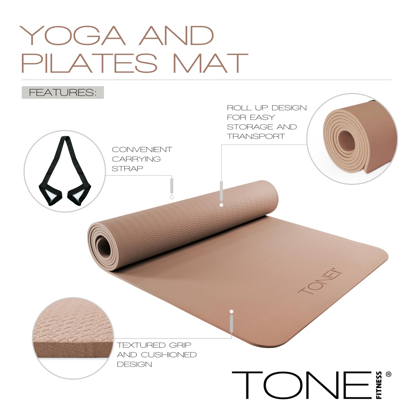 TONE Fitness Yoga Mat 1/4" Thick Non Slip Exercise & Pilates Mat for Home Workouts with Carrying Strap | V Pattern | Gray