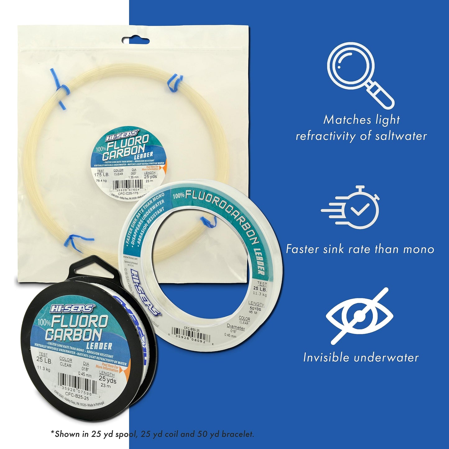 HI-SEAS 100% Fluorocarbon Fishing Leader, 30 lb, Clear, 50 yd