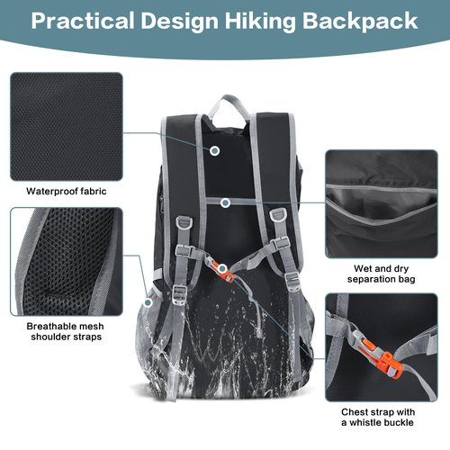 BiYiYun 40L Hiking Backpack, Lightweight Foldable Hiking Daypack with Wet Pocket, Waterproof Travel Camping Bag for Men Women (Black)