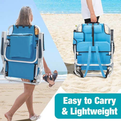 WISLAS 5-Position Folding Low Backpack Beach Chair with Headrest & Cup Holder - Portable Aluminum Reclining Camping Chair with Storage Bags, Adjustable Recline - Lightweight & Compact, Dark Blue