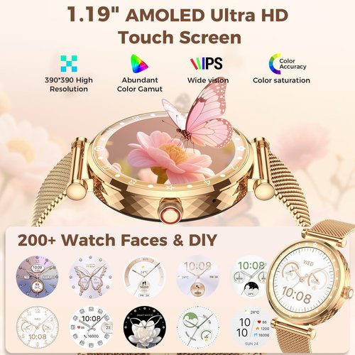 Smart Watch for Women, AMOLED HD Display Fitness Tracker Bluetooth Make/Answer Call, 1.19" Watches with 110+ Sports Modes/Heart Rate/SpO2/Sleep Monitor, Smartwatch IP68 Waterproof for Android iOS