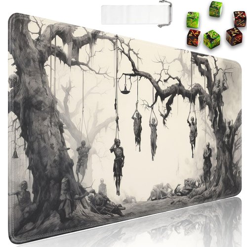 for MTG Playmat + Drawstring Travel Pouch + 6 Dice Counter, for Tabletop Trading Card Game Playmats or Large Mouse Pad, Anti-Slip Rubber 24 x 14 in, Tree of Death, Skeleton for TCG Playmat