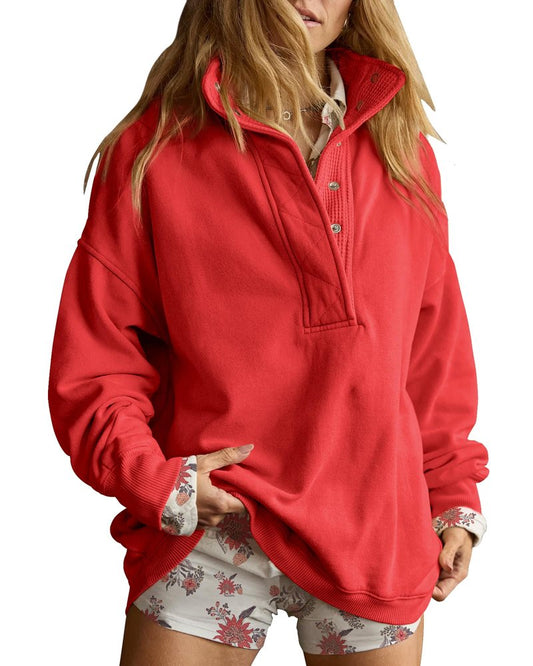 Gacaky Sweatshirt for Women Oversized Casual Long Sleeve Button Henley Neck Pullover Tops Fashion Outfits Clothes Red XS