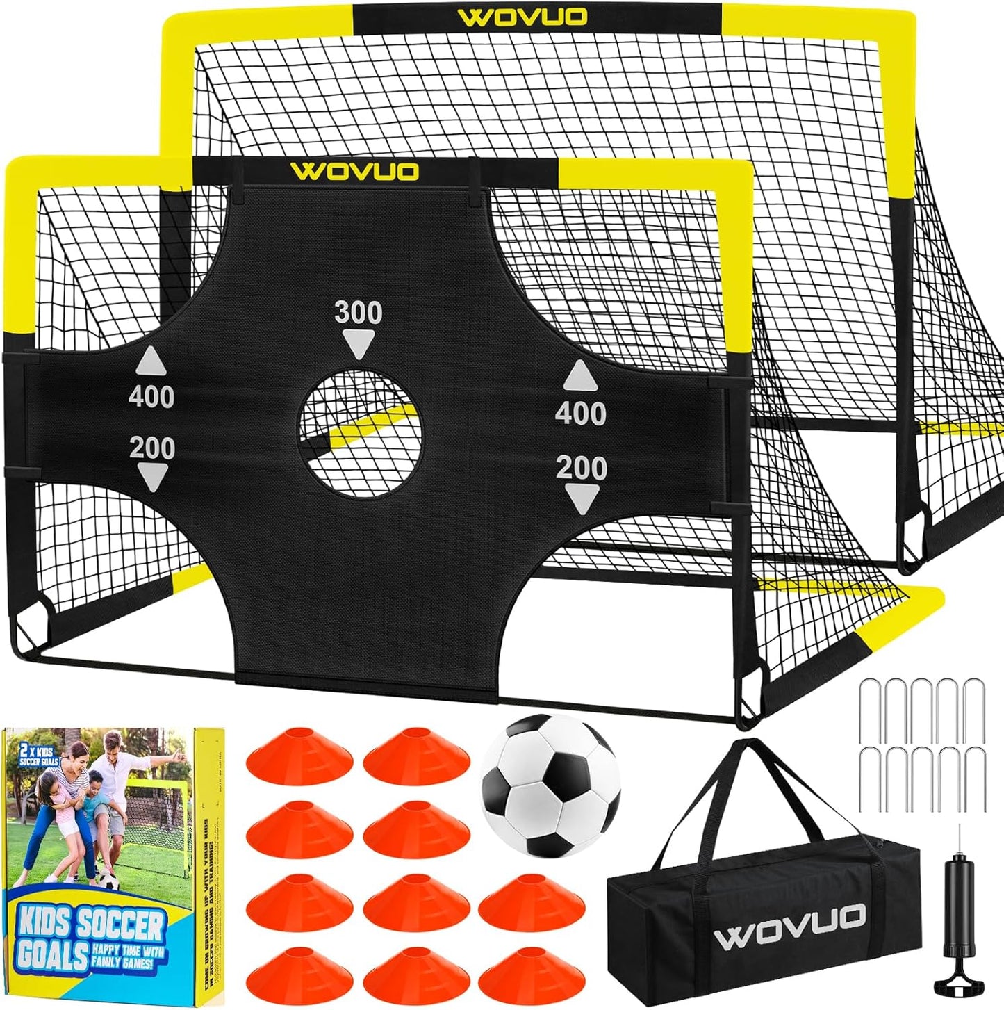 Kids Soccer Goals for Backyard Set of 2, 6x4 ft Portable Toddler Soccer Goal Training Equipment with Soccer Target, Ball, Cones, Soccer Net for Kids Age 3-5 6-8 8-12 10-12-14 Outdoor Sports Games Gift