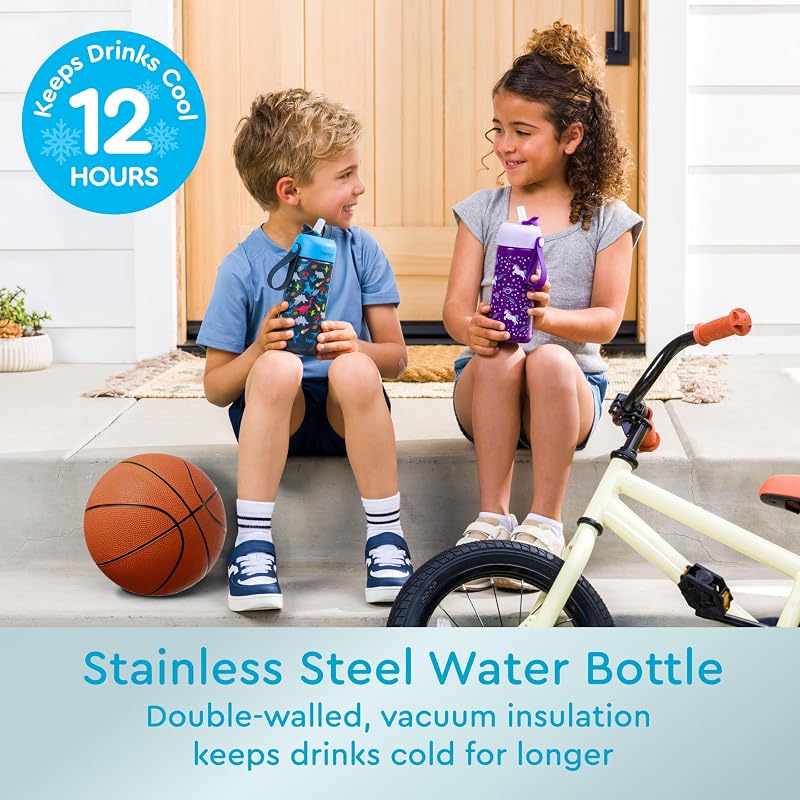 Bentgo Kids 14 oz Stainless Steel Water Bottle - Leak-Proof Bite & Sip (Dinosaur Variation)