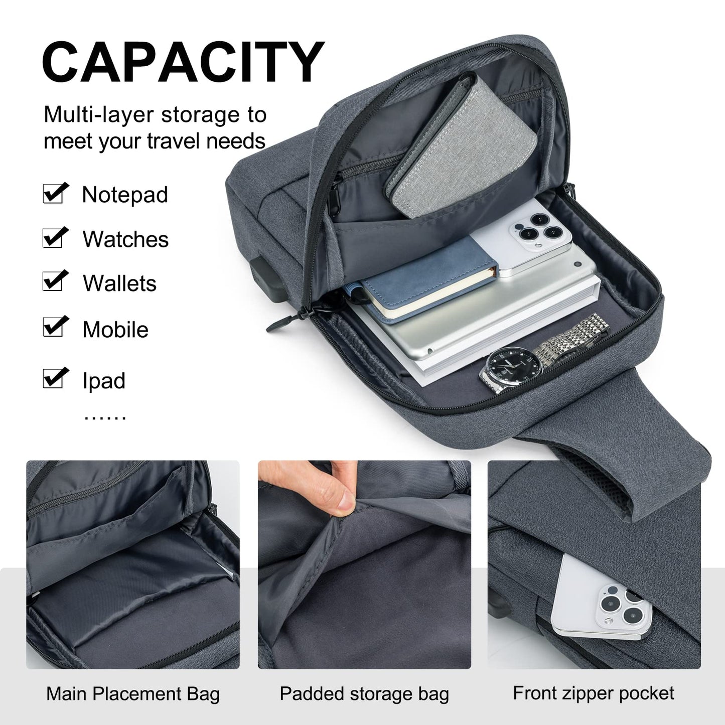 Sling Bag Crossbody Bag Men with USB Charging Port Small Messenger Bag Cross Body Shoulder Bag Sling Backpack Women with Adjustable Shoulder Strap (Oxford Cloth, Grey)