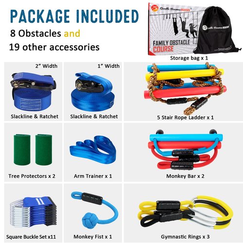 Ninja Warrior Obstacle Course for Kids, 2×56ft Slackline Kit with 8 Ninja Accessories - Monkey Bar, Rope Ladder, Gymnastic Ring, Arm Trainer and Monkey Fist