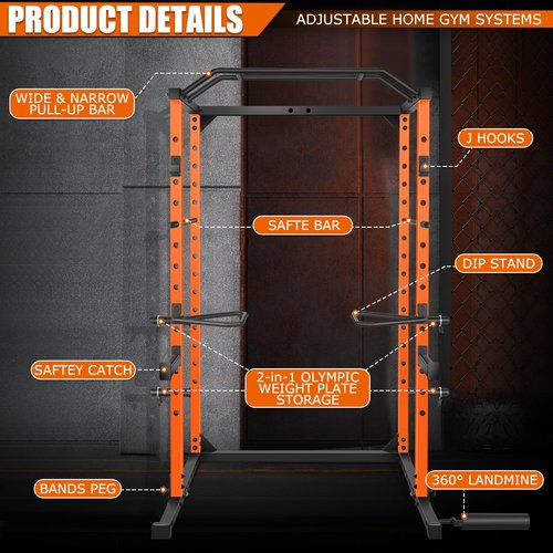 OPPSDECOR Power Cage Squat Rack, Multi-Functional Power Rack with Cable Pulley System, Pull Up Bar, J-Hooks and More Training Attachment, Heavy-Duty Weight Workout Cage for Home Gym (Orange)