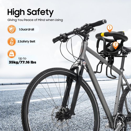 Kreiaoer Kids Bike Seat with Safety Harness & Footrest, Adjustable Front Mount Child Bike Seat, Child Bicycle Seats for Children 1~5 Years – Compatible with Most Adult Mountain Bikes