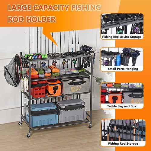 Lezbanz Heavy Duty Fishing Rod Holder, Fishing Gear Storage up to 15 Rods with Hooks and Wheels, 4-Tier Fishing Rod Rack for Large Tackle Box and Reel Organization, Space-Saving Garage Storage