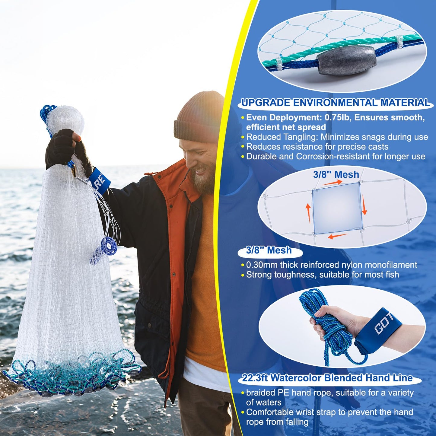 Goture American Fishing Cast Net Saltwater Freshwater, Heavy Duty Sinker, Dual Color Double Selvage, Increased Cast Net Area, 3/8 Mesh Fish Throw Cast Net with Needle for Shrimp Trap, 6Ft Radius