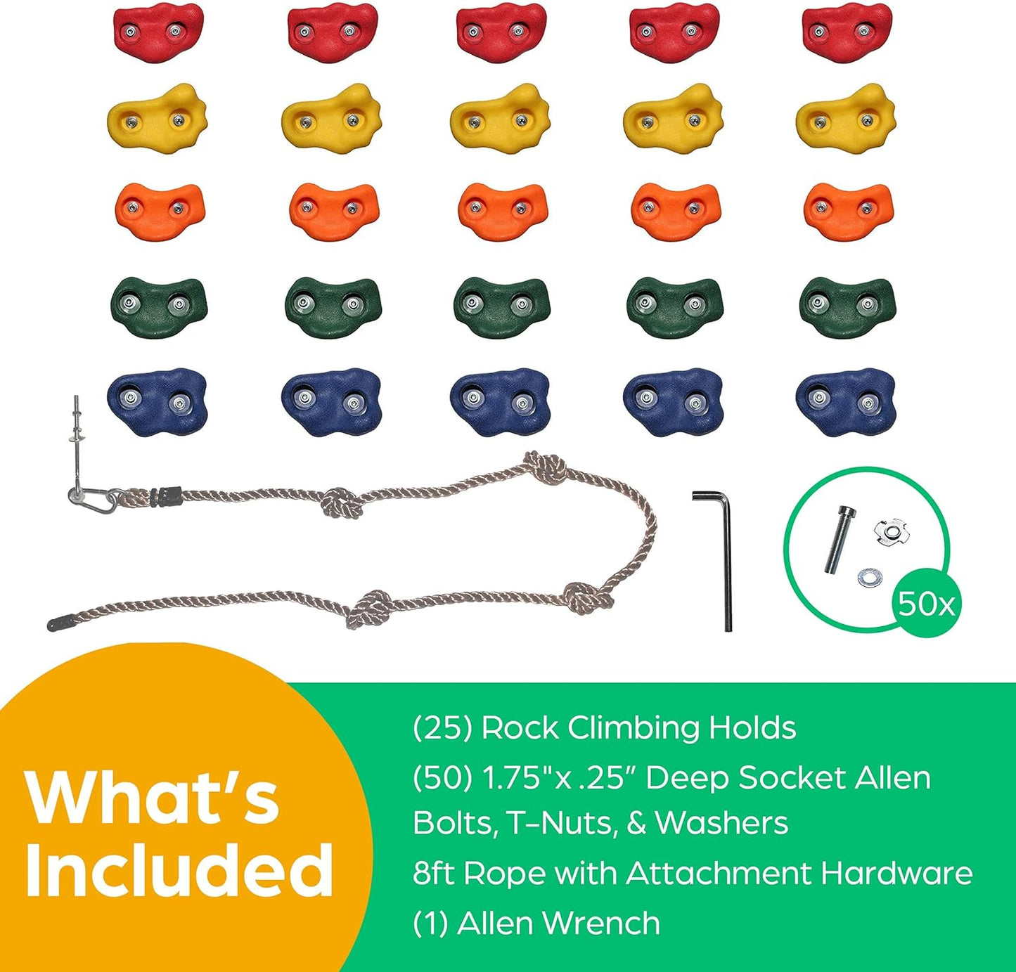 Jungle Gym Kingdom Rock Climbing Holds for Kids - Indoor & Outdoor Rock Wall Climbing Kit with Mounting Hardware, Knotted Rope and 25 Handles - Playground Accessories