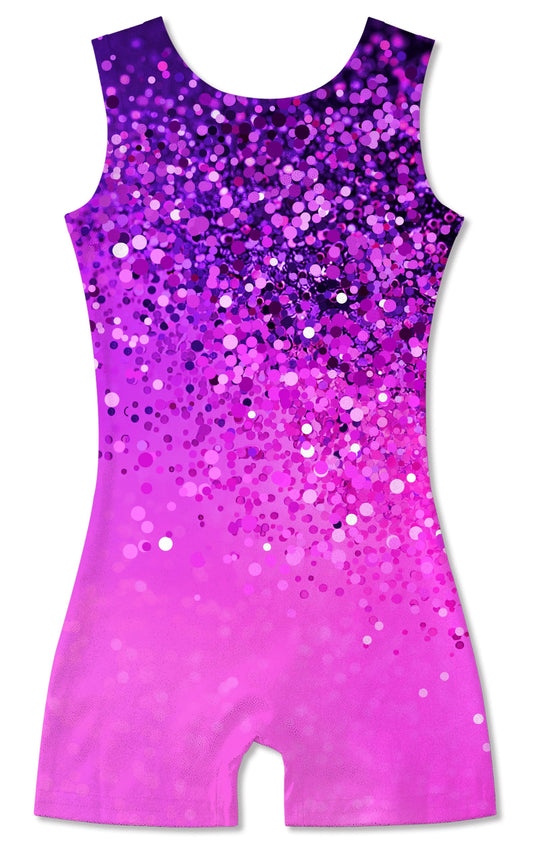 Funnycokid Gymnastics Leotards for Girls Kids Outfits Sparkly Unitards Clothes with Shorts, Diamond Purple Pink Shining, 6-7 Years