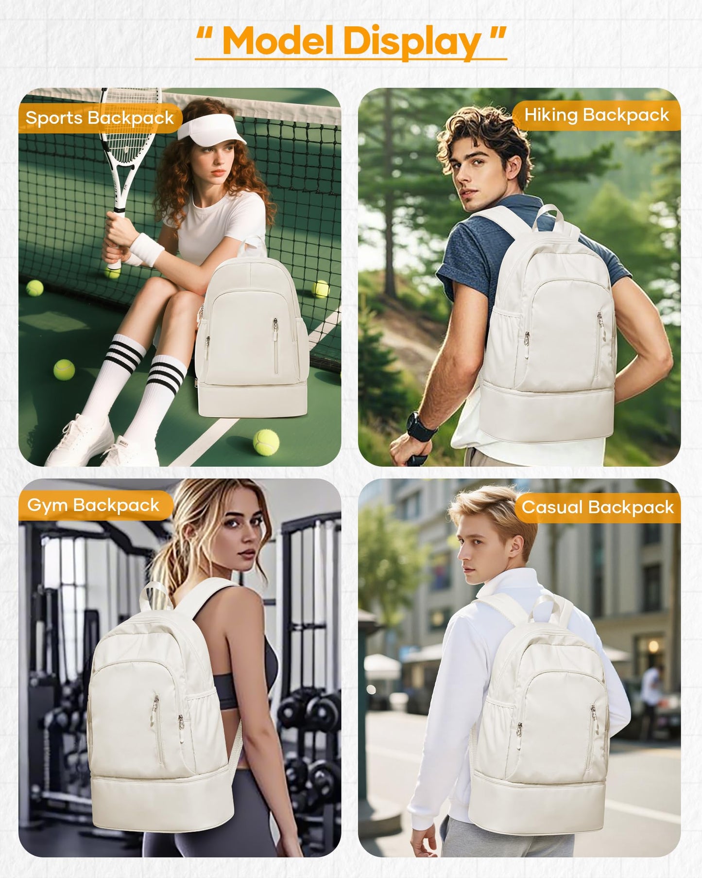 SEAFEW Small Gym Backpack for Women Men, Waterproof Gym Track Bag with Expandable Shoe Compartment, Lightweight Mini Casual Daypack Sports Back Pack for Travel Hiking Dance Yoga Fitness Track, White
