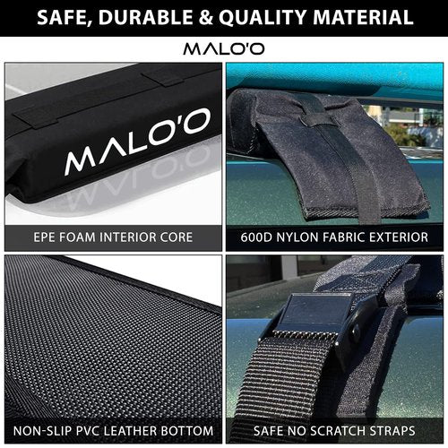 Malo’o Universal 32” Soft Roof Rack Pads for Surfboards/SUP/Kayaks/Canoes with 15’ Board Straps, Malo'o Storage Bag - No Bars gutters Required - Car Rack for Surfboard Supports 3 Boards