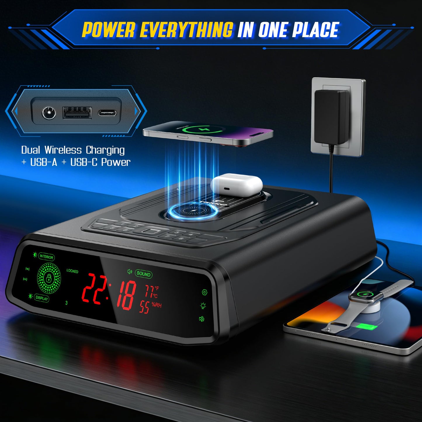TRRKO Biometric Gun Safe for Handgun | Auto-Open Quick Access Pistol Safe with Fingerprint & Wireless Charger, Smart LED Display, Handgun Safe for Nightstand/Bedside/Home Defense(Deep Black）