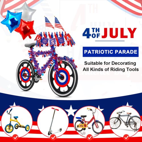 DTOFOOT 4th of July Bike Decorating Kit, Patriotic Bike Streamers Flags Balloons Tinsel, Independence Day Red White Blue Decor for Parade Patriotic Bike Decoration