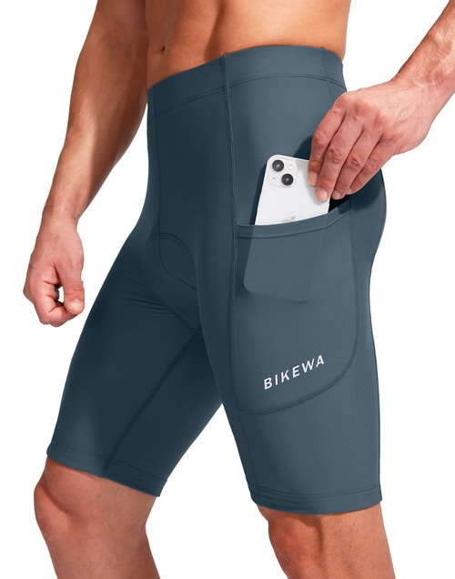 Men's Bike Shorts 3D Padded Cycling Road Biking Underwear Mountain Riding Biker Bicycle UPF 50+ Cycle Shorts Zipper Pockets(Blue Grey,L)