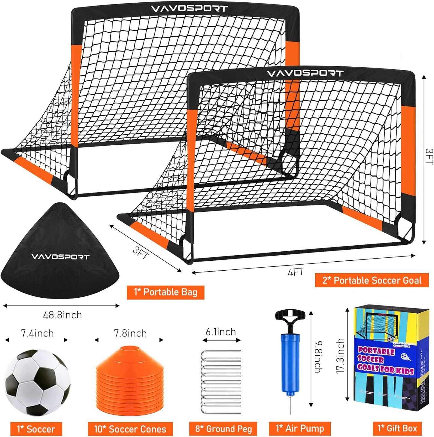 Kids Soccer Goals for Backyard Set, 2 of 4x3 / 6x4 ft Portable Soccer Goal Nets, Pop Up Mini Toddler Soccer Net Training Equipment & Ball, Cones for Ages 3-14, Outdoor Games Gifts for Youth