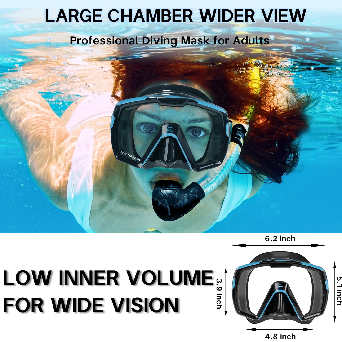 iTOWE Diving Mask Snorkel Swim Goggles Adult Men Women Youth, Clear Tempered Glass 180° Wide View Pool Water Goggles, Swimming Goggles with Nose Cover Water Proof Underwater Dive Snorkeling Scuba Gear