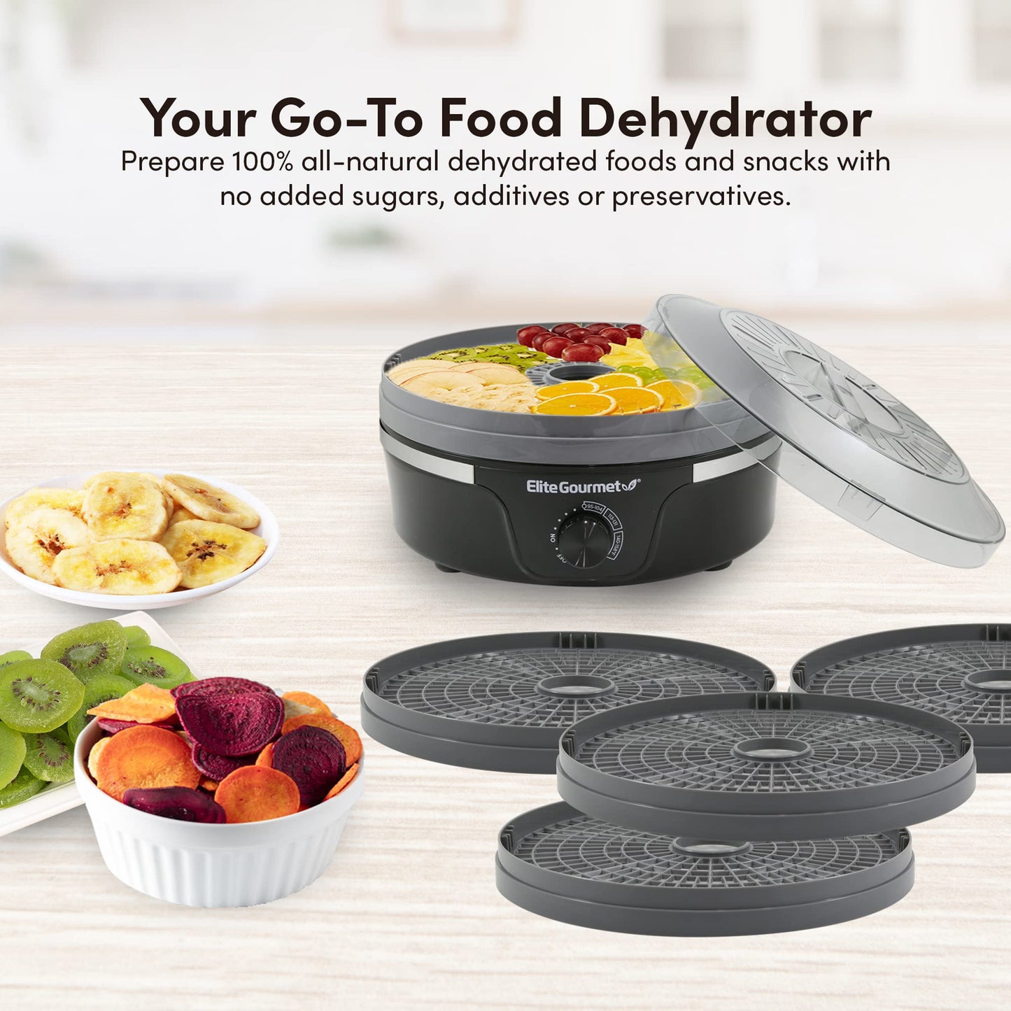 Elite Gourmet EFD319BNG Food Dehydrator, 5 BPA-Free 11.4" Trays, Black/Grey
