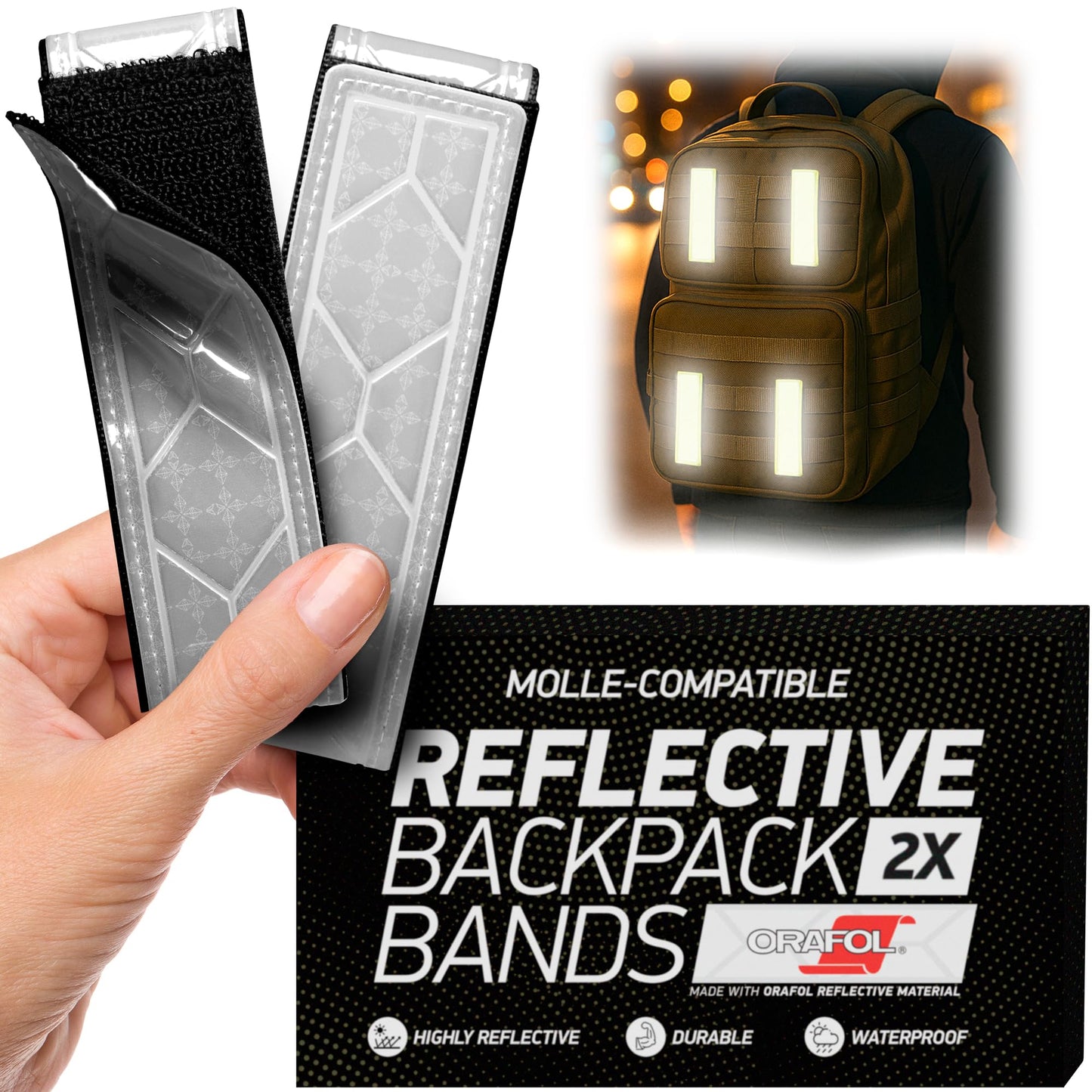 Byllstore Reflective Backpack Bands | High-Visibility Orafol Reflectors | Hook-and-Loop Closure | 1.5″ x 5″ | White (2-Pack)