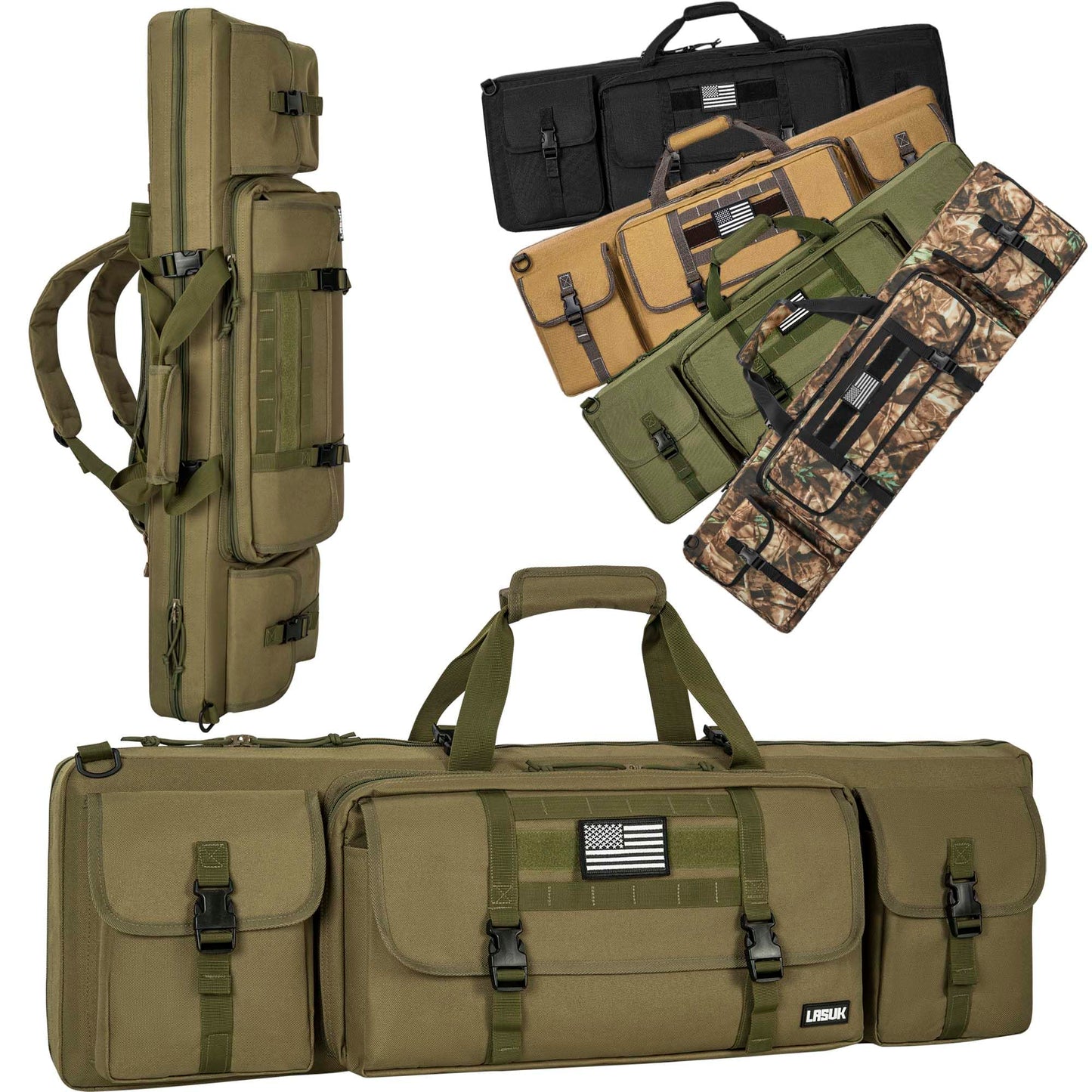 LASUK 42" Double Rifle Case Soft Gun Bag Tactical Backpack, Green