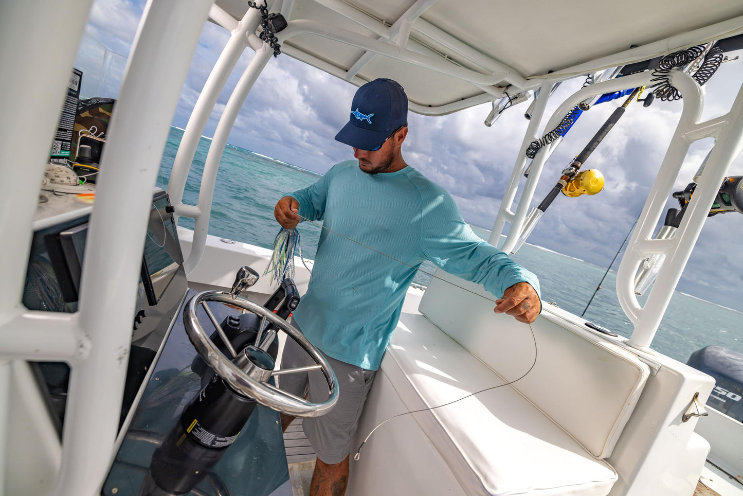 HUK Mens A1A Crew, Quick-Dry, Breathable Fishing Shirt, Marine Blue, Medium