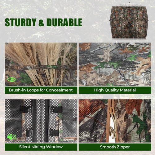 HUNTSEN Hunting Blind 360 Degree See Through Ground Blind 2-3 Person - Portable Pop Up Deer Blind with Full Open Door - Camouflage Ground Blind for Deer & Turkey Hunting