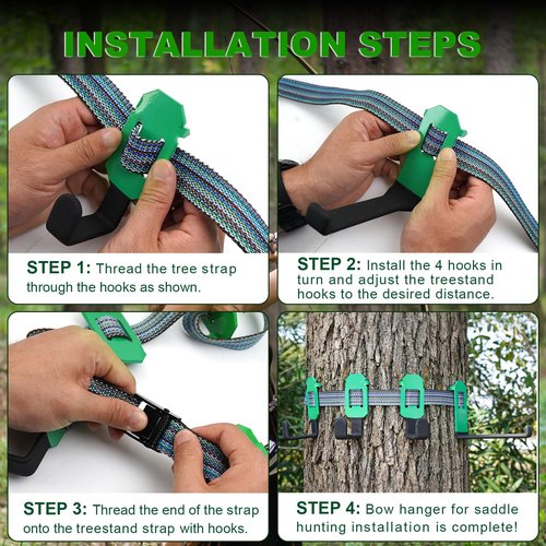 HNJXCAQYQ Tree Stand Strap Bow Hangers - Comes with 3 Metal Gear Hooks and 1bow Hanger Archery, for Tree Stand Platform Saddle Hunting Accessories-No Plastic Parts，Storage Bag Included