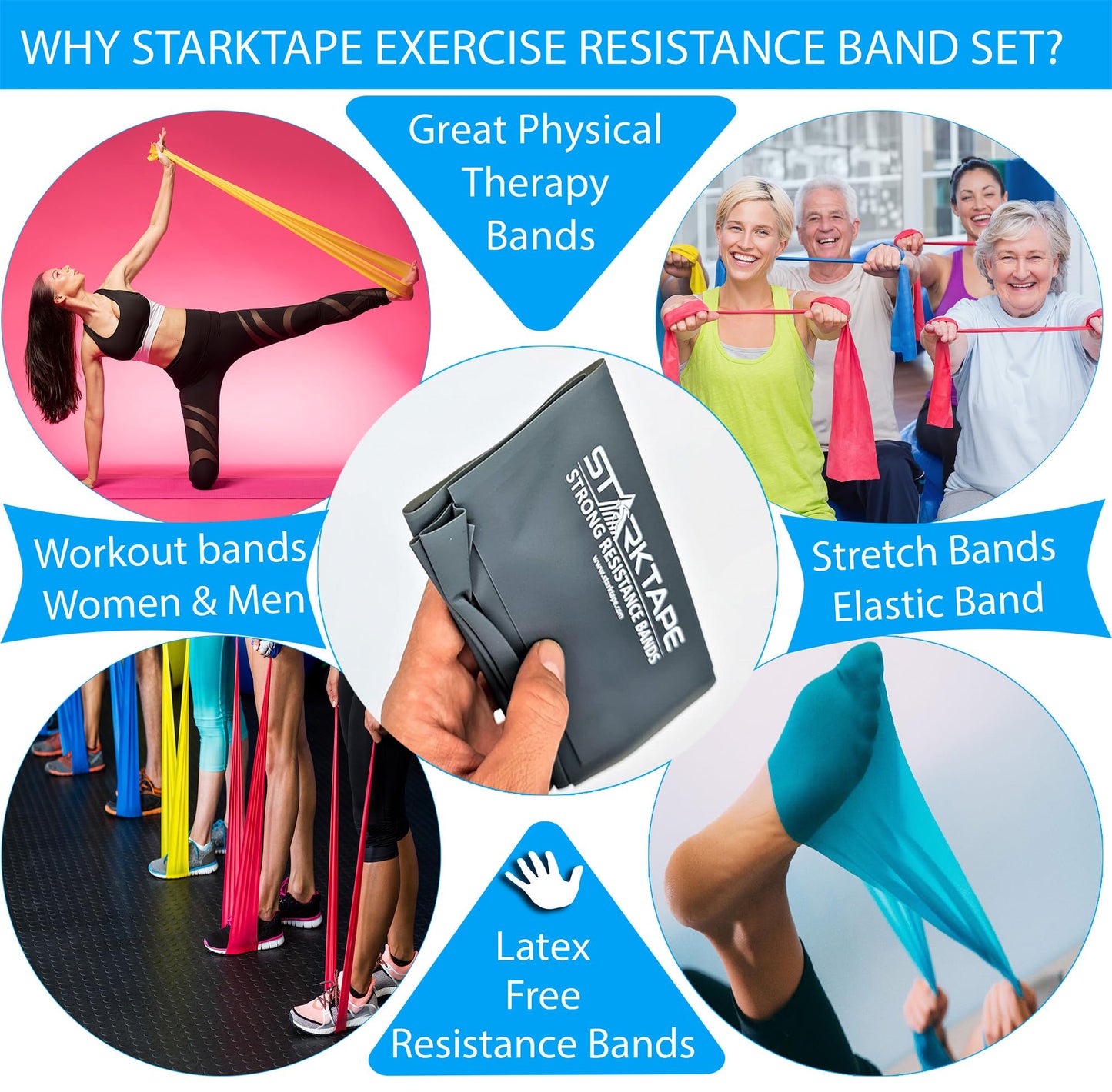 Starktape Resistance Bands Set. 3 or 5 Pack Non-Latex Physical Therapy, Professional Elastic Band. Perfect for Home Exercise, Workout, Strength Training, Yoga, Pilates, Rehab, Gym