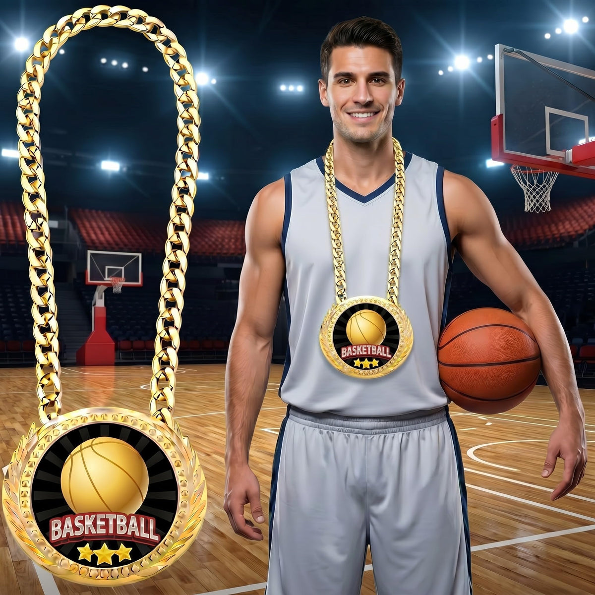 Tondiamo Sports MVP Turnover Chain Medal 6" Big Gold Champ Award Necklace Chain Baseball Basketball Football Soccer Softball Volleyball Sports Competitions Prize Gifts and Party Favors(Basketball)