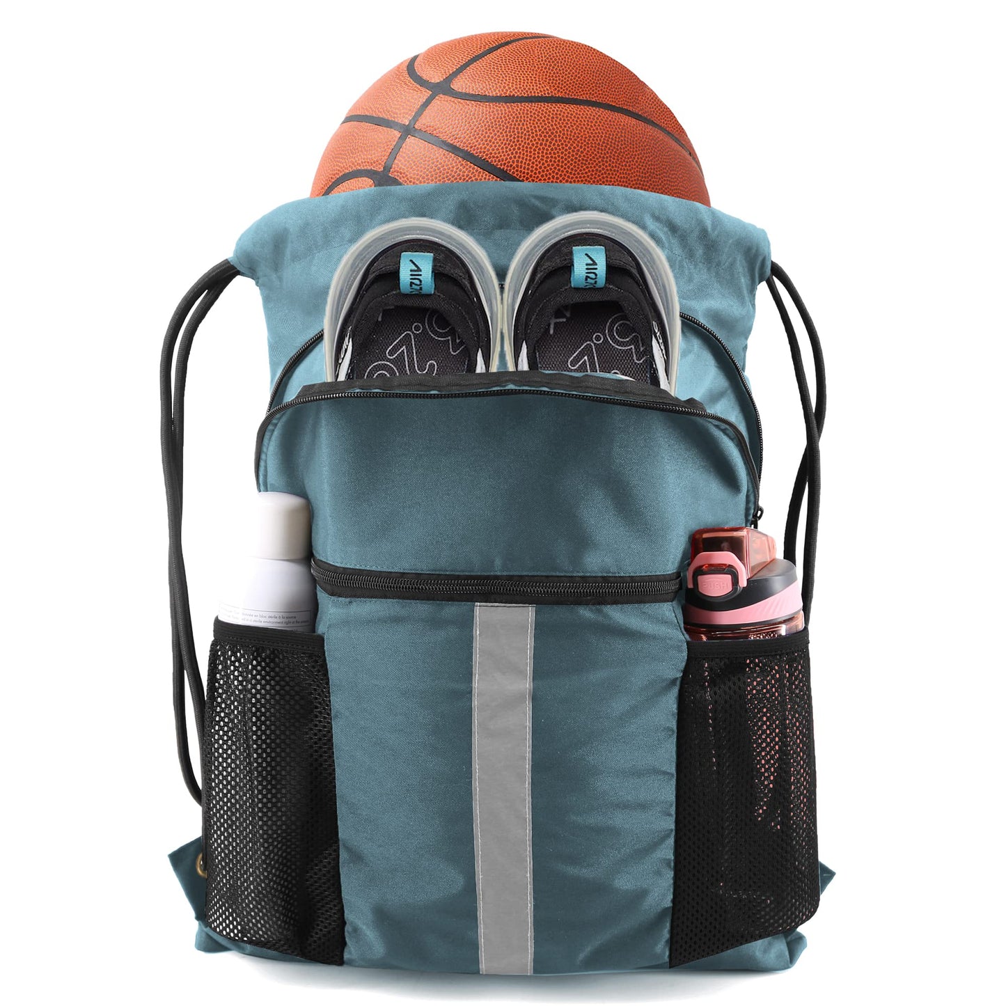 BeeGreen Workout Backpack with Shoe Compartment - Large Sackpack String Bag with Zipper Pockets and Water Bottle Pockets - Sports Yoga Cinch Bag for Gym - Haze Blue